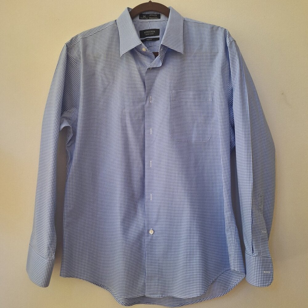 NORDSTROM Blue Check Wrinkle-Free Cotton Trim Fit Dress Shirt